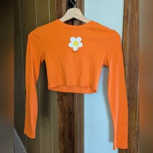 Orange Flower Long Sleeve Crop Top